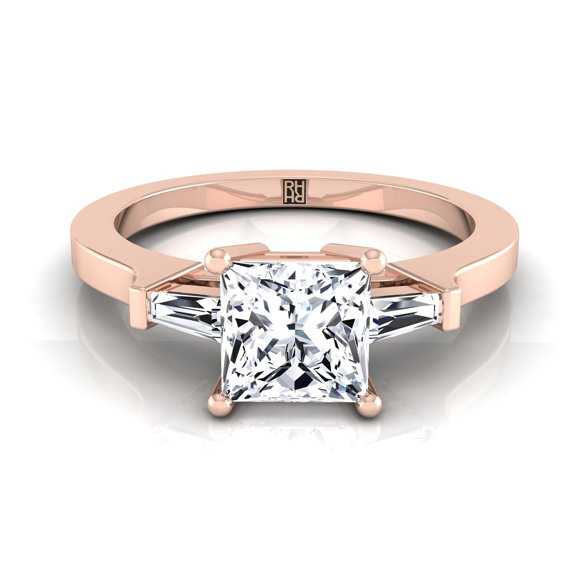 14K Rose Gold Princess Cut Diamond Tapered Baguette Accent Engagement Ring -1/4ctw