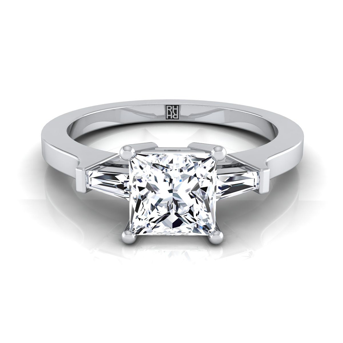 14K White Gold Princess Cut Diamond Tapered Baguette Accent Engagement Ring -1/4ctw