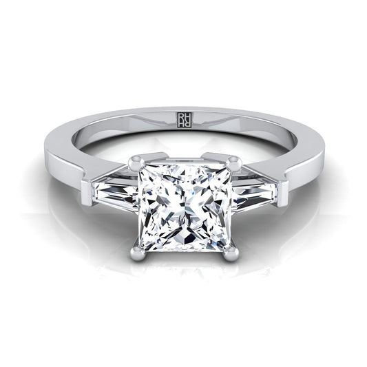 18K White Gold Princess Cut Diamond Tapered Baguette Accent Engagement Ring -1/4ctw