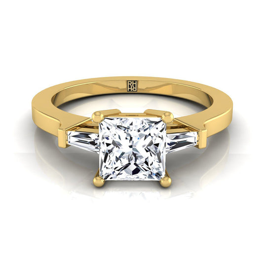 14K Yellow Gold Princess Cut Diamond Tapered Baguette Accent Engagement Ring -1/4ctw
