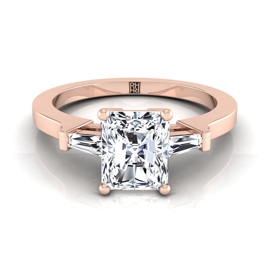 14K Rose Gold Radiant Cut Center Diamond Tapered Baguette Accent Engagement Ring -1/4ctw