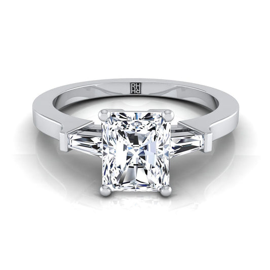 14K White Gold Radiant Cut Center Diamond Tapered Baguette Accent Engagement Ring -1/4ctw
