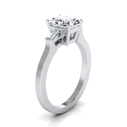 18K White Gold Radiant Cut Center Diamond Tapered Baguette Accent Engagement Ring -1/4ctw