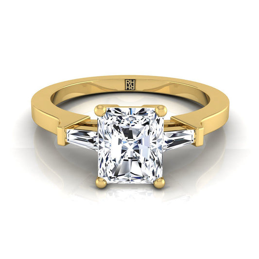 14K Yellow Gold Radiant Cut Center Diamond Tapered Baguette Accent Engagement Ring -1/4ctw