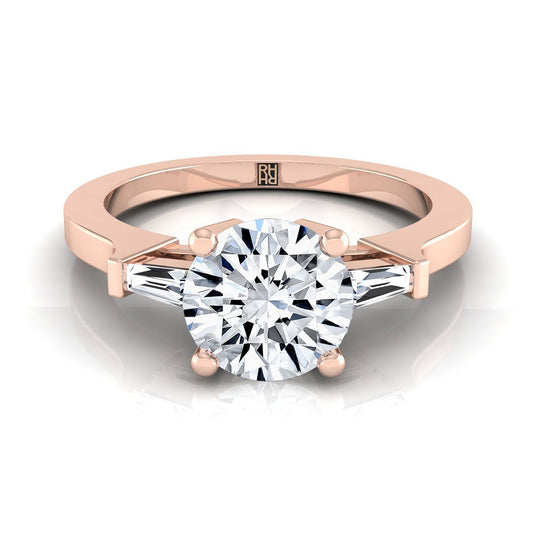 14K Rose Gold Round Brilliant Diamond Tapered Baguette Accent Engagement Ring -1/4ctw