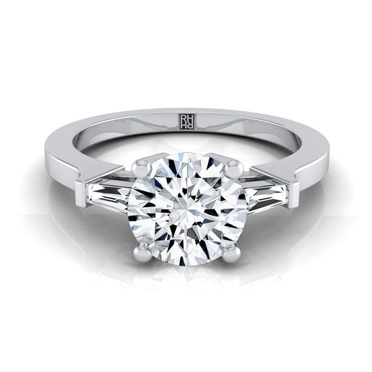 14K White Gold Round Brilliant Diamond Tapered Baguette Accent Engagement Ring -1/4ctw