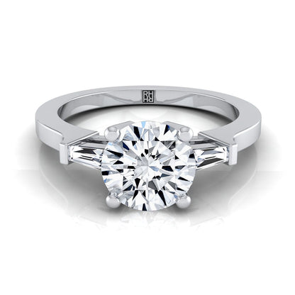 Platinum Round Brilliant Diamond Tapered Baguette Accent Engagement Ring -1/4ctw