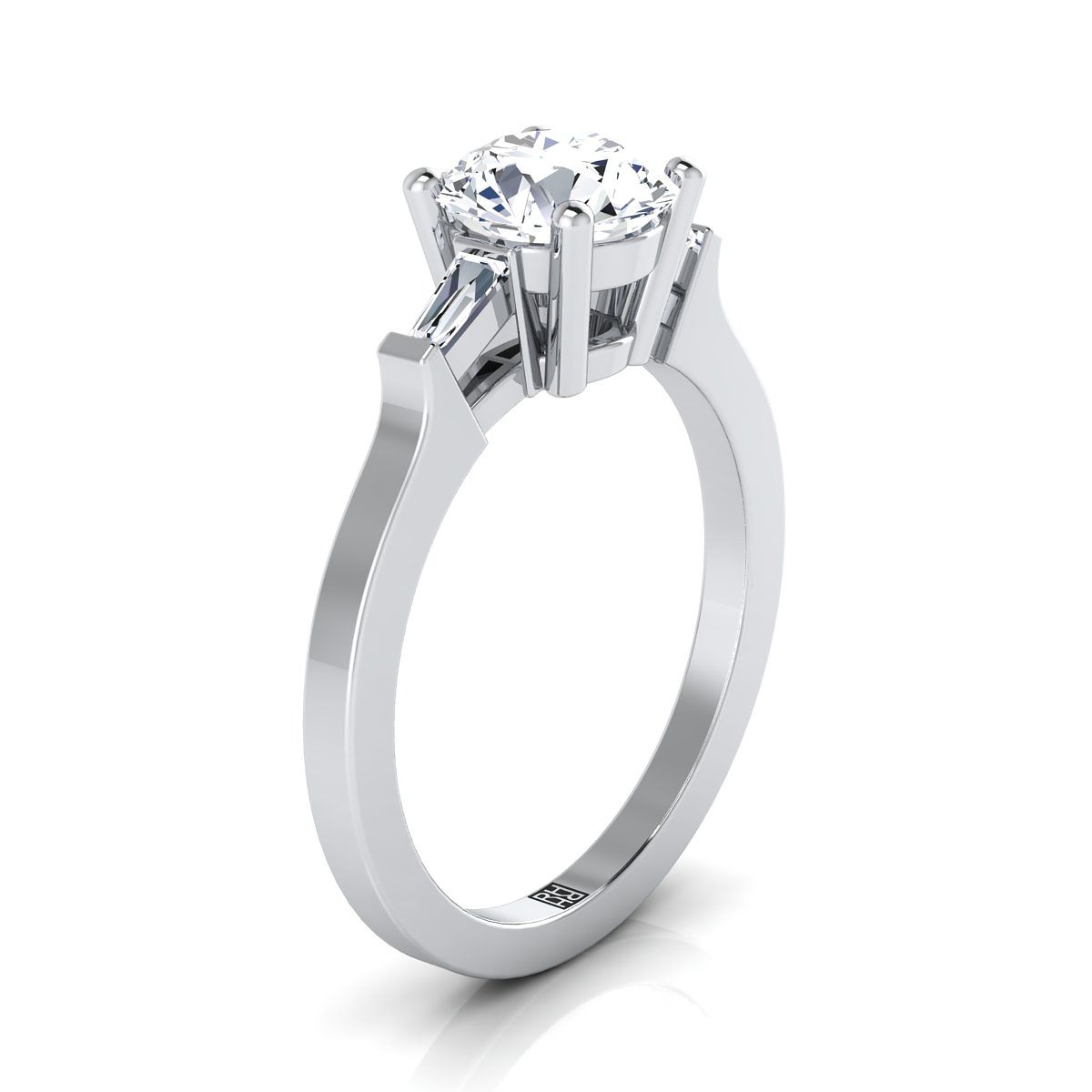 Platinum Round Brilliant Diamond Tapered Baguette Accent Engagement Ring -1/4ctw
