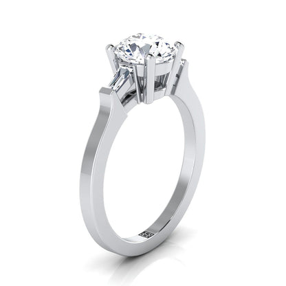 18K White Gold Round Brilliant Diamond Tapered Baguette Accent Engagement Ring -1/4ctw