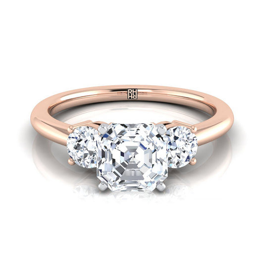 14K Rose Gold Asscher Cut Diamond Perfectly Matched Round Three Stone Diamond Engagement Ring -1/4ctw