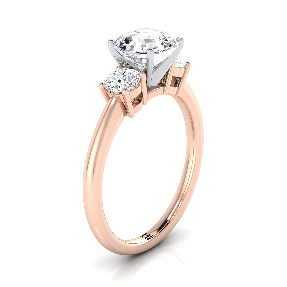 14K Rose Gold Asscher Cut Diamond Perfectly Matched Round Three Stone Diamond Engagement Ring -1/4ctw