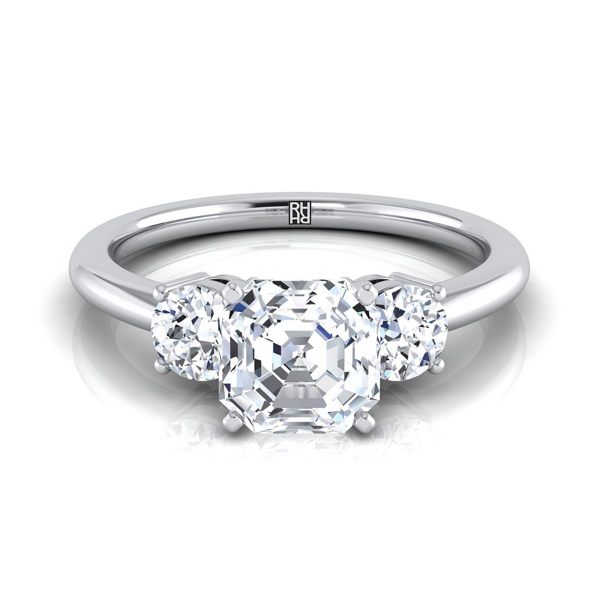 14K White Gold Asscher Cut Diamond Perfectly Matched Round Three Stone Diamond Engagement Ring -1/4ctw