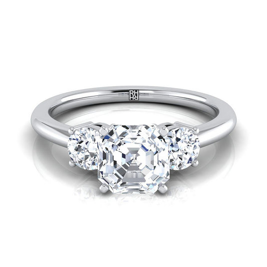 18K White Gold Asscher Cut Diamond Perfectly Matched Round Three Stone Diamond Engagement Ring -1/4ctw