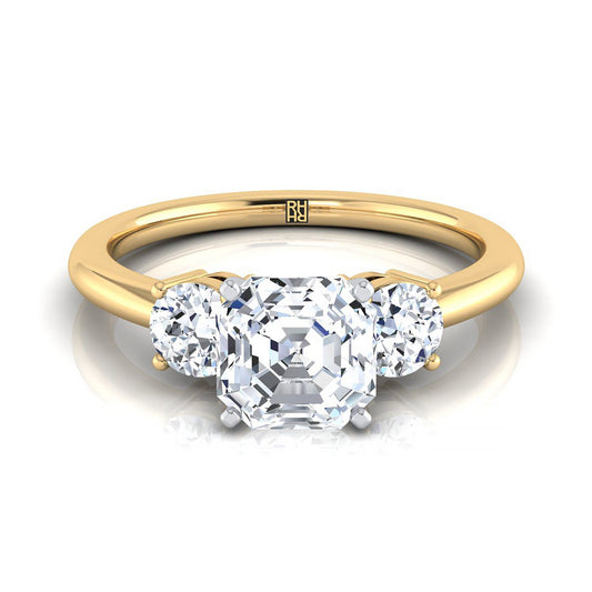 14K Yellow Gold Asscher Cut Diamond Perfectly Matched Round Three Stone Diamond Engagement Ring -1/4ctw