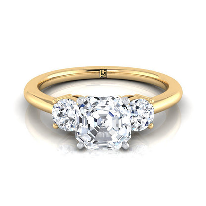 18K Yellow Gold Asscher Cut Diamond Perfectly Matched Round Three Stone Diamond Engagement Ring -1/4ctw