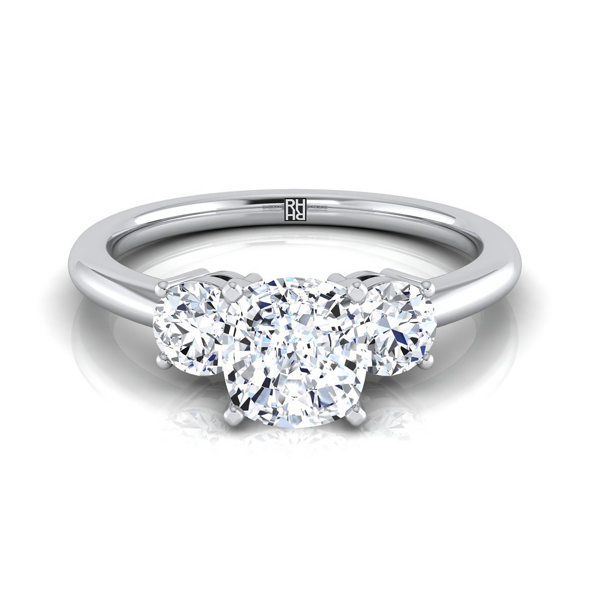 Platinum Cushion Diamond Perfectly Matched Round Three Stone Diamond Engagement Ring -1/4ctw