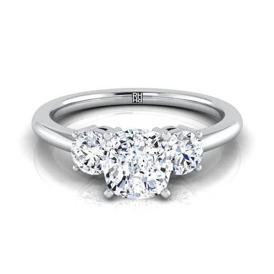 14K White Gold Cushion Diamond Perfectly Matched Round Three Stone Diamond Engagement Ring -1/4ctw