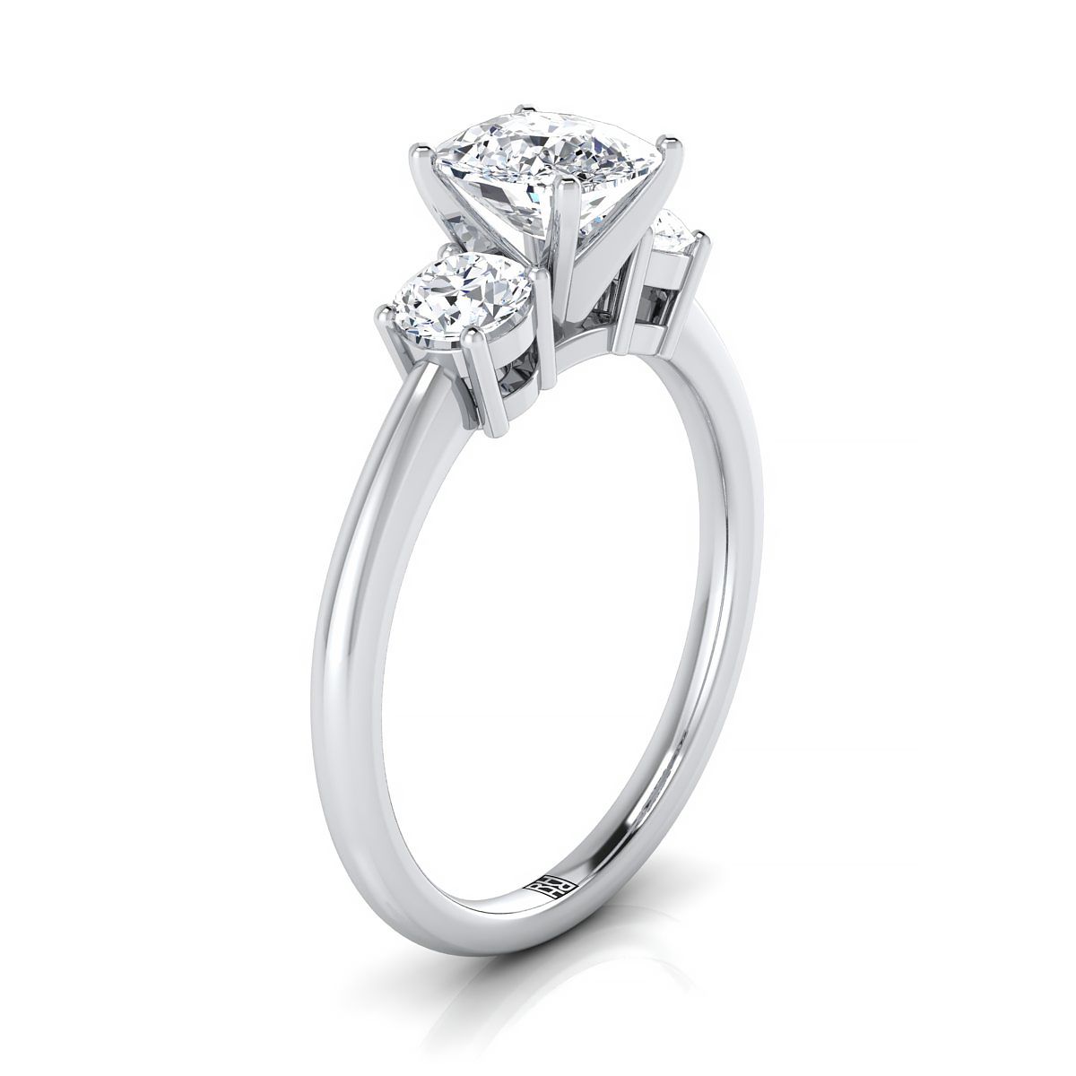 18K White Gold Cushion Diamond Perfectly Matched Round Three Stone Diamond Engagement Ring -1/4ctw