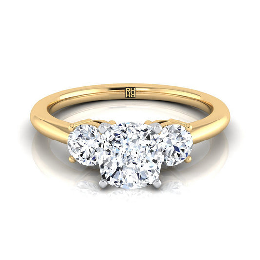 14K Yellow Gold Cushion Diamond Perfectly Matched Round Three Stone Diamond Engagement Ring -1/4ctw