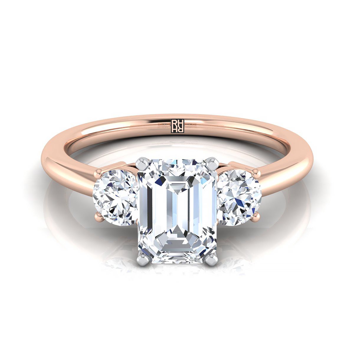 14K Rose Gold Emerald Cut Diamond Perfectly Matched Round Three Stone Diamond Engagement Ring -1/4ctw