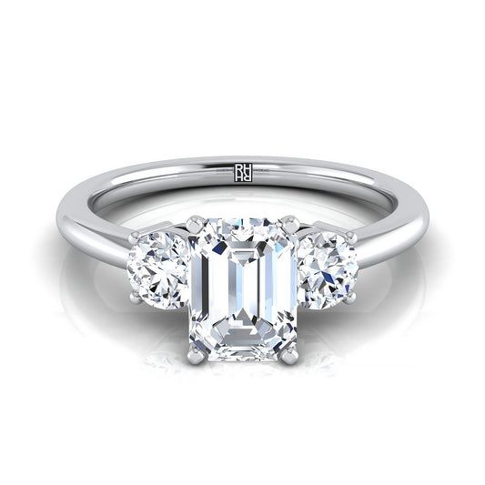 14K White Gold Emerald Cut Diamond Perfectly Matched Round Three Stone Diamond Engagement Ring -1/4ctw