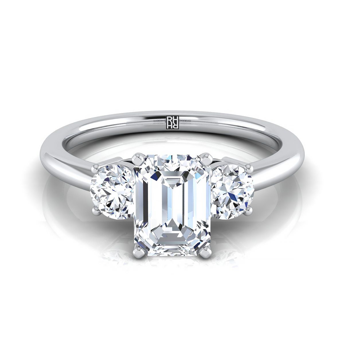 18K White Gold Emerald Cut Diamond Perfectly Matched Round Three Stone Diamond Engagement Ring -1/4ctw