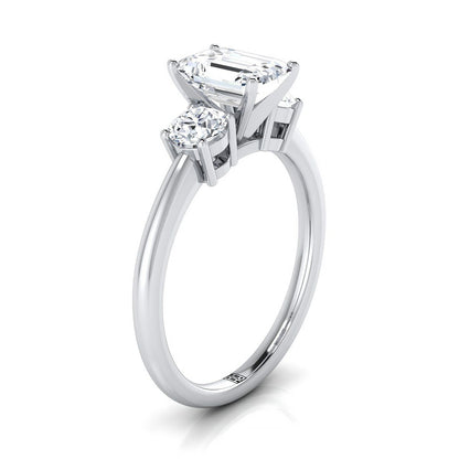 18K White Gold Emerald Cut Diamond Perfectly Matched Round Three Stone Diamond Engagement Ring -1/4ctw