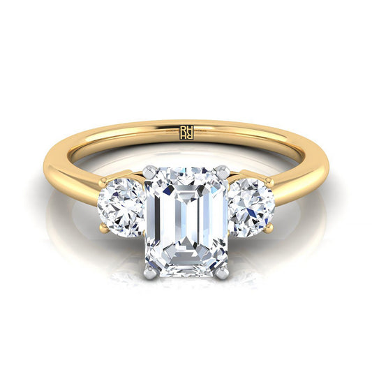 18K Yellow Gold Emerald Cut Diamond Perfectly Matched Round Three Stone Diamond Engagement Ring -1/4ctw