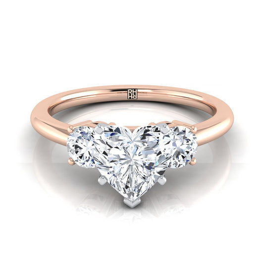 14K Rose Gold Heart Shape Center Diamond Perfectly Matched Round Three Stone Diamond Engagement Ring -1/4ctw
