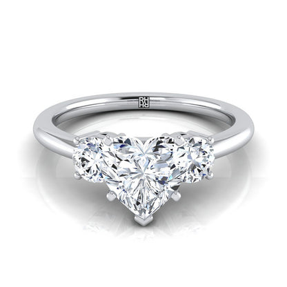 18K White Gold Heart Shape Center Diamond Perfectly Matched Round Three Stone Diamond Engagement Ring -1/4ctw