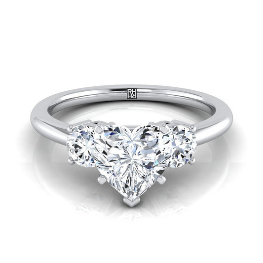 14K White Gold Heart Shape Center Diamond Perfectly Matched Round Three Stone Diamond Engagement Ring -1/4ctw