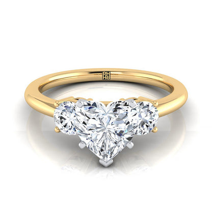 14K Yellow Gold Heart Shape Center Diamond Perfectly Matched Round Three Stone Diamond Engagement Ring -1/4ctw