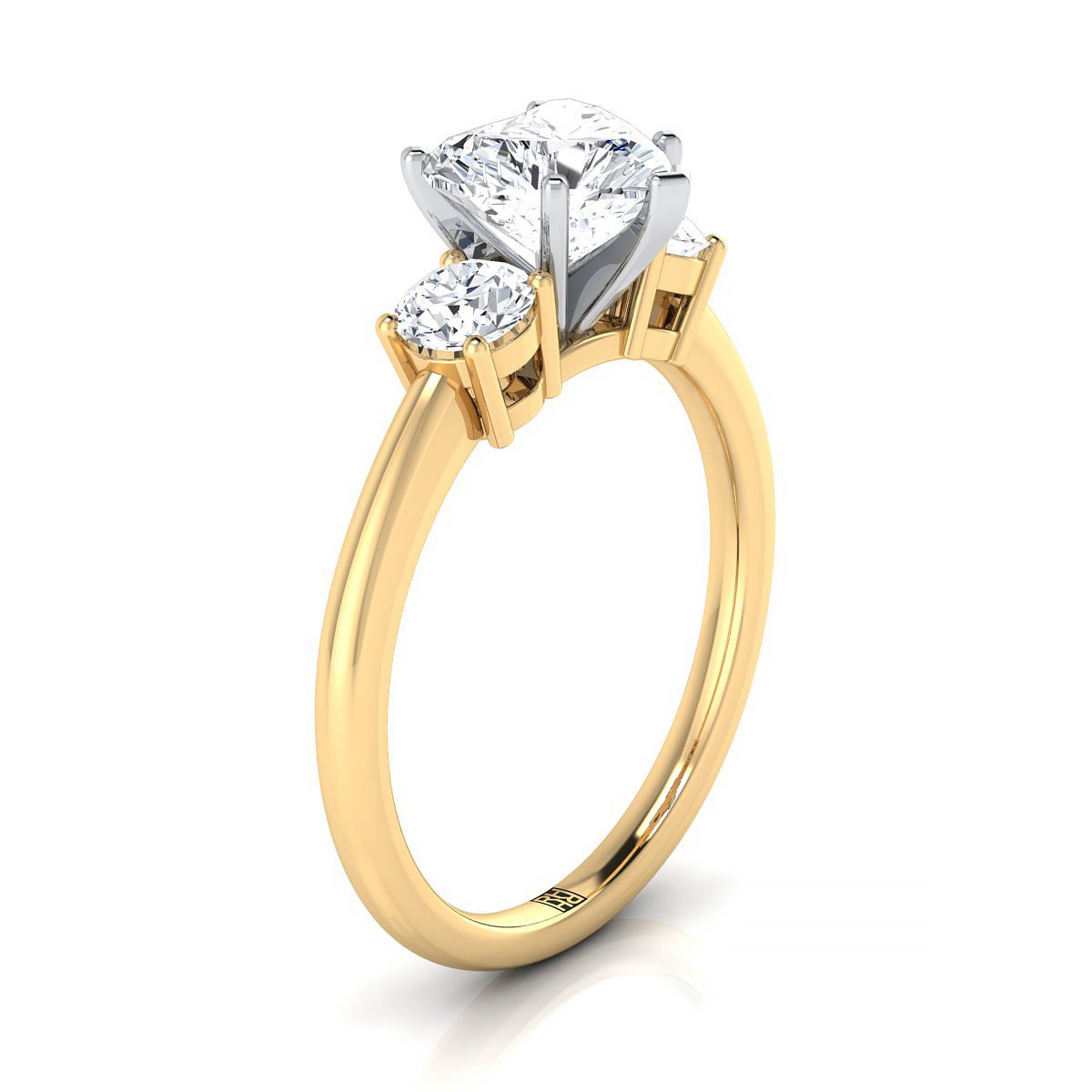 18K Yellow Gold Heart Shape Center Diamond Perfectly Matched Round Three Stone Diamond Engagement Ring -1/4ctw