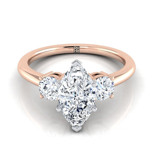 14K Rose Gold Marquise  Diamond Perfectly Matched Round Three Stone Diamond Engagement Ring -1/4ctw