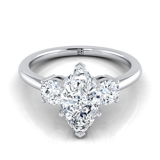 14K White Gold Marquise  Diamond Perfectly Matched Round Three Stone Diamond Engagement Ring -1/4ctw