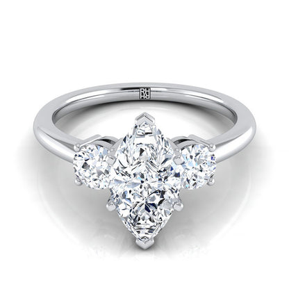 18K White Gold Marquise  Diamond Perfectly Matched Round Three Stone Diamond Engagement Ring -1/4ctw