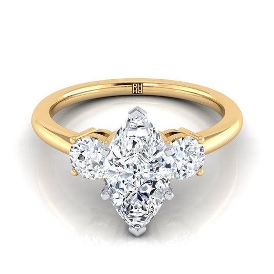 14K Yellow Gold Marquise  Diamond Perfectly Matched Round Three Stone Diamond Engagement Ring -1/4ctw