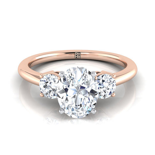 14K Rose Gold Oval Diamond Perfectly Matched Round Three Stone Diamond Engagement Ring -1/4ctw