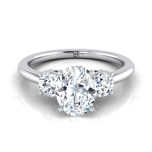 14K White Gold Oval Diamond Perfectly Matched Round Three Stone Diamond Engagement Ring -1/4ctw