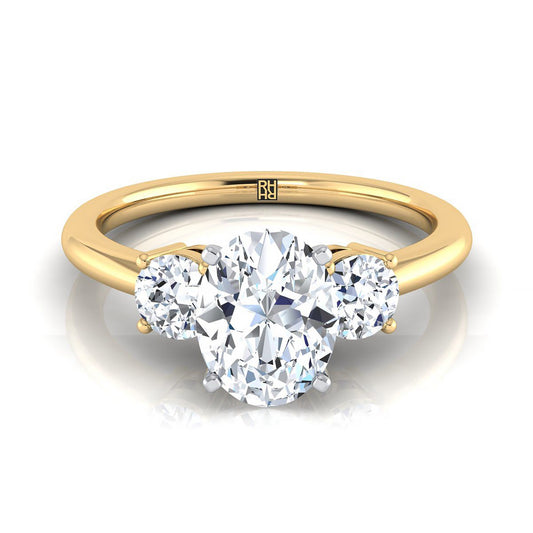 18K Yellow Gold Oval Diamond Perfectly Matched Round Three Stone Diamond Engagement Ring -1/4ctw