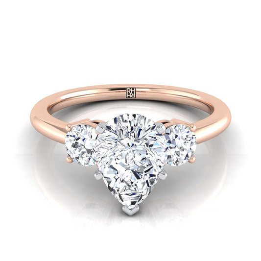 14K Rose Gold Pear Shape Center Diamond Perfectly Matched Round Three Stone Diamond Engagement Ring -1/4ctw