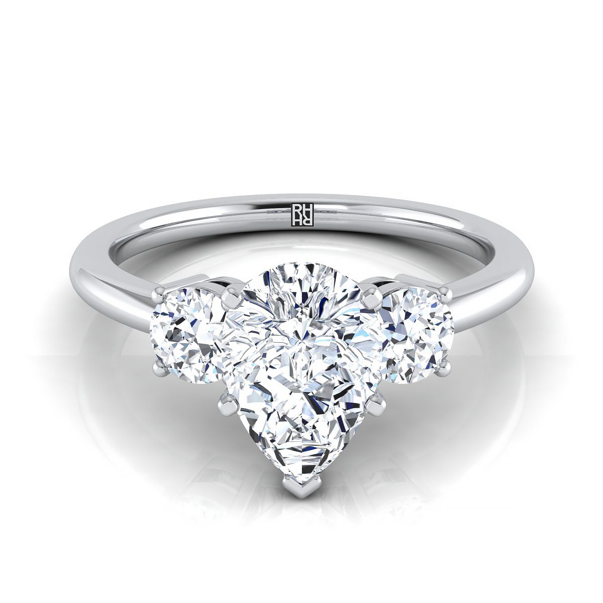 18K White Gold Pear Shape Center Diamond Perfectly Matched Round Three Stone Diamond Engagement Ring -1/4ctw