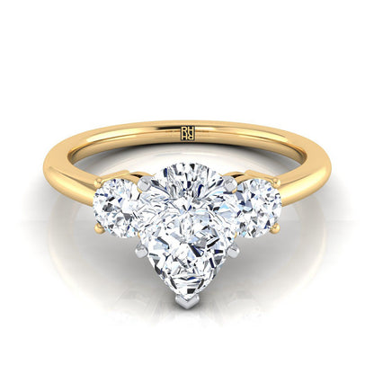 18K Yellow Gold Pear Shape Center Diamond Perfectly Matched Round Three Stone Diamond Engagement Ring -1/4ctw