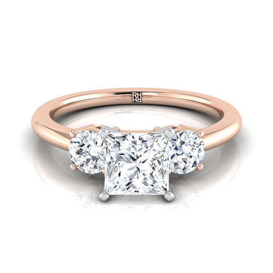 14K Rose Gold Princess Cut Diamond Perfectly Matched Round Three Stone Diamond Engagement Ring -1/4ctw