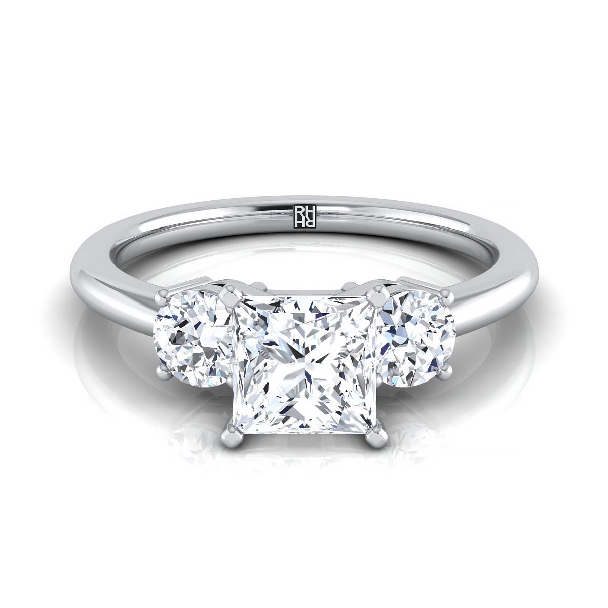 18K White Gold Princess Cut Diamond Perfectly Matched Round Three Stone Diamond Engagement Ring -1/4ctw