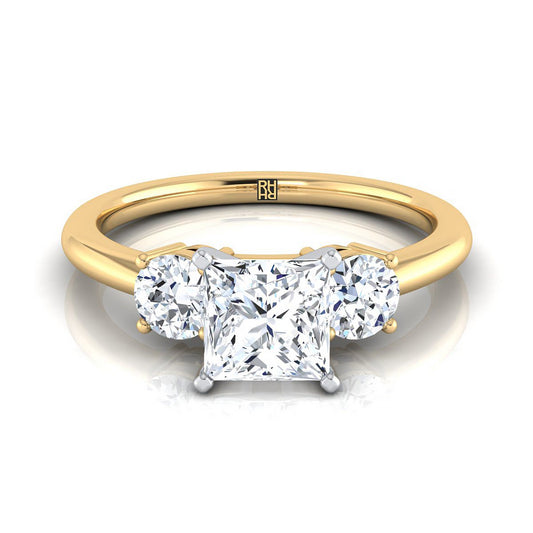18K Yellow Gold Princess Cut Diamond Perfectly Matched Round Three Stone Diamond Engagement Ring -1/4ctw