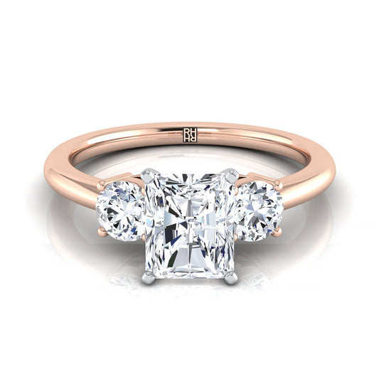 14K Rose Gold Radiant Cut Center Diamond Perfectly Matched Round Three Stone Diamond Engagement Ring -1/4ctw
