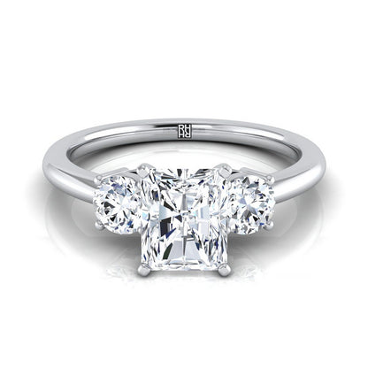 Platinum Radiant Cut Center Diamond Perfectly Matched Round Three Stone Diamond Engagement Ring -1/4ctw