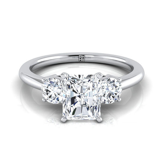 14K White Gold Radiant Cut Center Diamond Perfectly Matched Round Three Stone Diamond Engagement Ring -1/4ctw