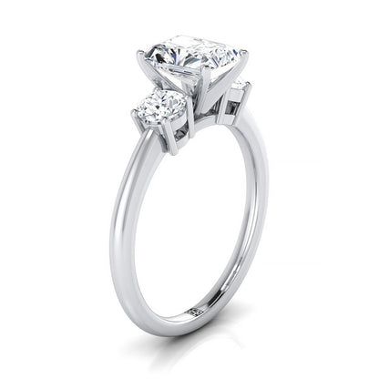 Platinum Radiant Cut Center Diamond Perfectly Matched Round Three Stone Diamond Engagement Ring -1/4ctw